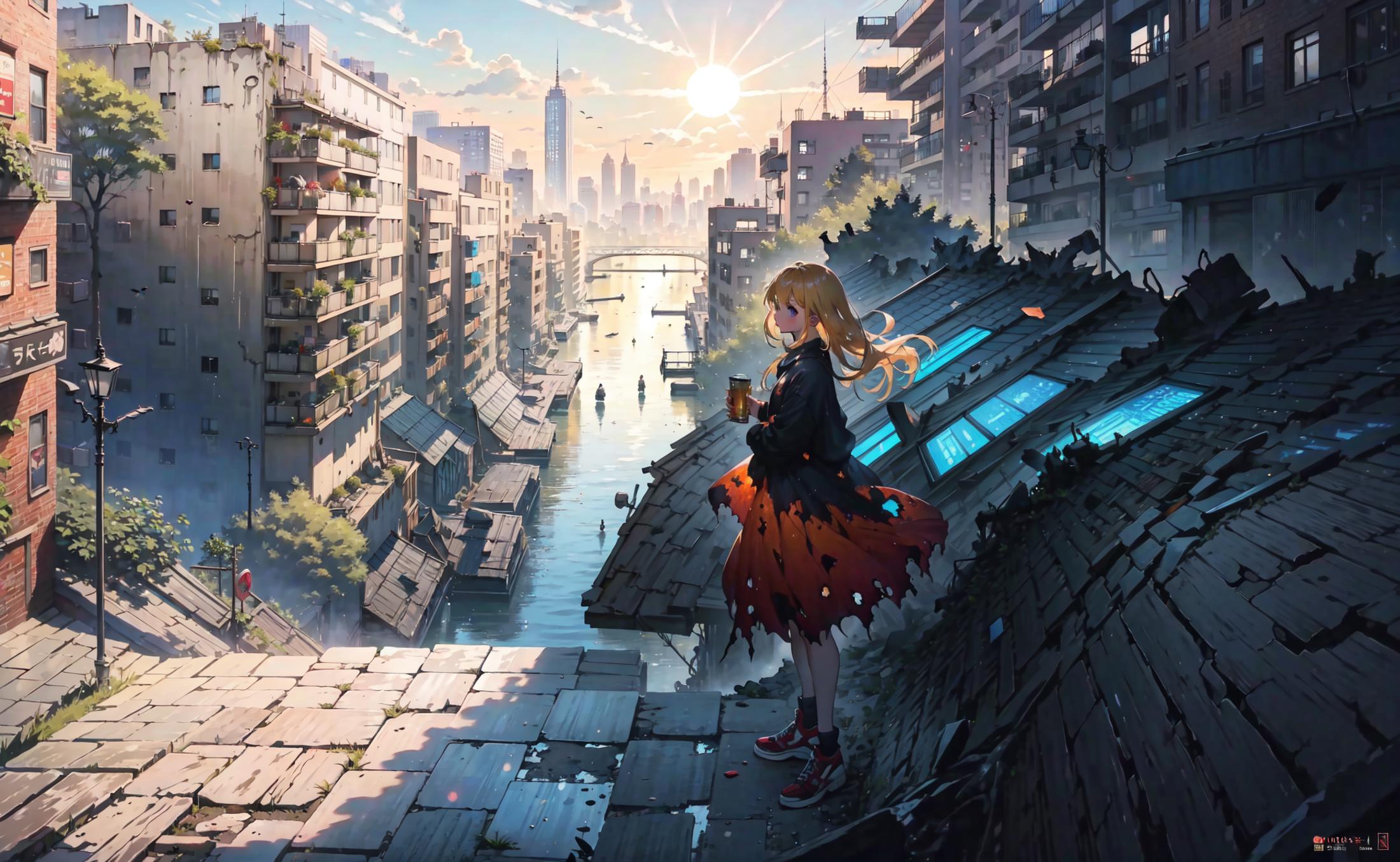 best quality, sunshine, detailed background,extremely detailed,body ratio, girl, cute, blonde hair, ruined city